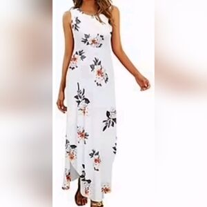 XL Floral Loose Sleeveless Maxi Dress - With Pockets White